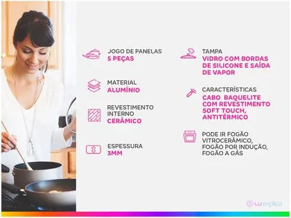 Jogo de Panelas Brinox Cerâmico 5 Peças Carbon Ceramic Life Indução