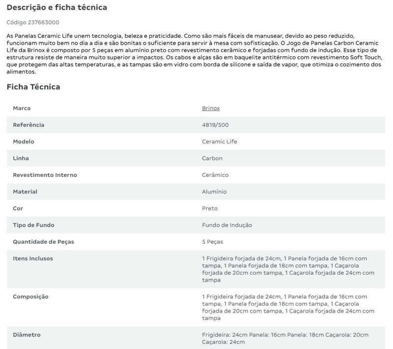 Jogo de Panelas Brinox Cerâmico 5 Peças Carbon Ceramic Life Indução