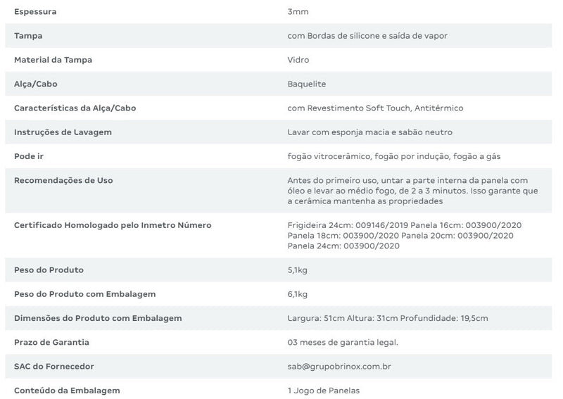 Jogo de Panelas Brinox Cerâmico 5 Peças Carbon Ceramic Life Indução