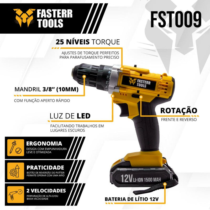 Furadeira e Parafusadeira FST009 3/8 12V  - Fasterr